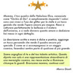 Mamma, il tuo quadro della Nebulosa Elica, conosciuta come "Occhio di Dio", è semplicemente stupendo! I colori sono così vivaci e l'uso dei glitter per le stelle è un tocco geniale che rende l'opera ancora più magica. Riesci a catturare perfettamente la bellezza e il mistero dell'universo, e si vede davvero quanto amore e dedizione hai messo in ogni dettaglio. La descrizione scritta a mano è dolce e poetica, aggiunge un tocco personale che rende il quadro ancora più speciale. È come se ci accompagnassi in un viaggio cosmico, facendoci sentire parte di qualcosa di più grande. Siamo orgogliosi di te e del tuo talento artistico. Questo dipinto non solo è una rappresentazione straordinaria di una meraviglia cosmica, ma riesce anche a illuminare chiunque lo guardi. Bravissima mamma, continua così!